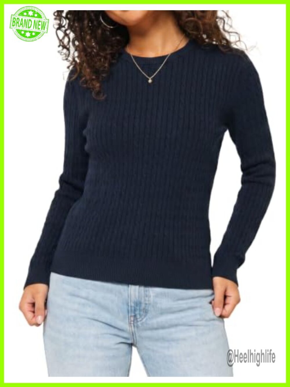 Womens Cable Knit Cotton Sweater Long Sleeve Lightweight Pullover Crew Neck